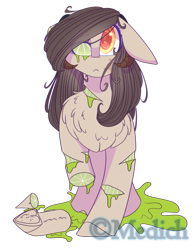 Size: 1629x2096 | Tagged: safe, artist:mediasmile666, oc, oc only, pony, candy gore, chest fluff, floppy ears, fruit gore, gore, horns, simple background, sitting, solo, transparent background
