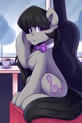 Size: 1400x2100 | Tagged: safe, artist:shadowreindeer, octavia melody, earth pony, pony, g4, bowtie, chest fluff, coffee, female, looking at you, mare, octavia's bowtie, rain, sitting, solo, underhoof, window