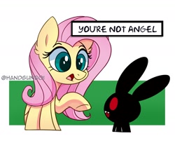 Size: 1750x1500 | Tagged: safe, artist:handgunboi, fluttershy, pegasus, pony, rabbit, g4, animal, captain obvious, evil, implied angel bunny, pointing, simple background