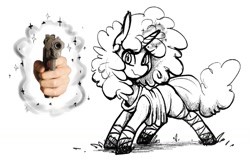Size: 1203x806 | Tagged: safe, artist:replica, oc, oc only, oc:not food, pony, unicorn, aiming, clothes, digital art, female, glowing horn, gun, hand, handgun, hooves, horn, looking at you, magic, mare, monochrome, solo, tail, weapon