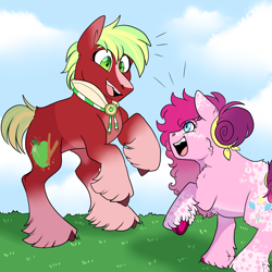 Size: 3000x3000 | Tagged: safe, artist:gingygin, apple cinnamon, pinkie pie, earth pony, pony, g4, alternate design, collar, colored hooves, delighted, duo, female, gradient legs, happy, headcanon, high res, male, mare, outdoors, rearing, sidemouth, smiling, stallion