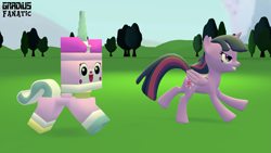 Size: 3413x1920 | Tagged: safe, artist:gradiusfanatic, twilight sparkle, alicorn, pony, g4, 3d, crossover, duo, race, racing, source filmmaker, tara strong, twilight sparkle (alicorn), unikitty, unikitty!, voice actor joke