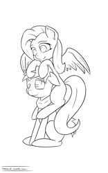 Size: 1200x1920 | Tagged: safe, artist:tenart, big macintosh, fluttershy, earth pony, pegasus, pony, g4, black and white, female, floppy ears, grayscale, lineart, male, mare, missing cutie mark, monochrome, pony hat, ship:fluttermac, shipping, simple background, stallion, straight, white background