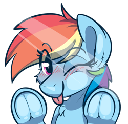 Size: 2452x2374 | Tagged: source needed, safe, artist:rileyisherehide, rainbow dash, pegasus, pony, g4, ;p, against glass, blushing, chest fluff, cute, dashabetes, ear fluff, female, fourth wall, frog (hoof), glass, high res, hooves, looking at you, mare, one eye closed, smiling, solo, tongue out, underhoof, wink, winking at you