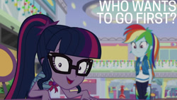 Size: 1280x720 | Tagged: safe, edit, edited screencap, editor:quoterific, screencap, rainbow dash, sci-twi, twilight sparkle, dashing through the mall, equestria girls, equestria girls specials, g4, my little pony equestria girls: better together, my little pony equestria girls: holidays unwrapped, bowtie, clothes, cutie mark, cutie mark on clothes, duo, duo female, female, geode of super speed, geode of telekinesis, glasses, hoodie, jewelry, magical geodes, necklace, open mouth, ponytail, smiling, wide eyes