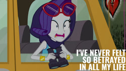 Size: 1280x720 | Tagged: safe, edit, edited screencap, editor:quoterific, screencap, rarity, equestria girls, fomo, g4, my little pony equestria girls: better together, bracelet, female, jewelry, open mouth, rarity peplum dress, solo, sunglasses, sunglasses on head, taxi
