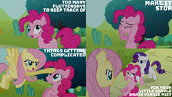 Size: 1280x720 | Tagged: safe, edit, edited screencap, editor:quoterific, screencap, fluttershy, pinkie pie, rarity, earth pony, pegasus, pony, unicorn, g4, putting your hoof down, season 2, confused, derp, eyes closed, female, flutterbitch, flying, gritted teeth, insult, mare, new fluttershy, open mouth, rarity is not amused, smiling, squishy, teeth, trio, trio female, unamused
