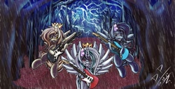 Size: 2500x1280 | Tagged: safe, artist:draconightmarenight, oc, oc:blackened blue, oc:prince slayer, oc:prince whateverer, cover, dark forest, guitar, metal, musical instrument, rain, rock (music), thunderstorm