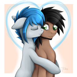 Size: 2000x2000 | Tagged: safe, artist:puggie, oc, oc:proxy, oc:rena heartstep, earth pony, pony, cuddling, earth pony oc, female, high res, hug, hug from behind, male, mare, oc x oc, shipping, stallion, straight