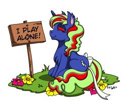 Size: 1200x1000 | Tagged: safe, artist:x-fang-z, oc, oc only, oc:reconcile ribbon, pony, unicorn, eyes closed, flower, horn, ribbon, sign, simple background, solo, text, unicorn oc, white background