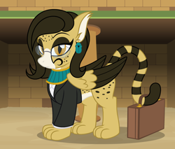 Size: 2340x1995 | Tagged: safe, artist:badumsquish, derpibooru exclusive, oc, oc only, oc:sourpuss, cheetah, sphinx, blaze (coat marking), bricks, briefcase, clothes, coat markings, dreamworks face, ear fluff, ear piercing, earring, egyptian, eyeshadow, facial markings, folded wings, freckles, frown, glasses, jewelry, lawyer, looking at you, makeup, necklace, piercing, prehensile tail, pyramid, raised eyebrow, shirt, show accurate, solo, spots, stern, striped tail, suit, tail hold, wings