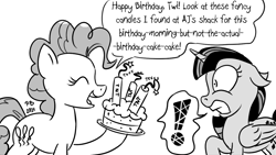 Size: 1200x675 | Tagged: safe, artist:pony-berserker, pinkie pie, twilight sparkle, alicorn, earth pony, pony, pony-berserker's twitter sketches, g4, birthday, birthday cake, cake, dialogue, dynamite, explosives, eyes closed, female, food, halftone, happy, mare, monochrome, naive, simple background, speech bubble, terrified, this will end in death, this will end in explosions, this will end in pain, this will end in tears, this will end in tears and/or death, this will end with a bang, this will not end well, tnt, twilight sparkle (alicorn), white background
