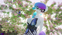 Size: 3840x2160 | Tagged: safe, artist:shadowboltsfm, oc, oc:aurora starling, butterfly, anthro, plantigrade anthro, 3d, 4k, beautiful, blender, breasts, cute, glasses, heterochromia, high res, jewelry, lens flare, looking at you, necklace, not sfm, ocbetes, smiling, wallpaper