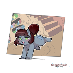 Size: 1200x1200 | Tagged: safe, artist:cold-blooded-twilight, oc, oc only, oc:bitterpill, earth pony, pony, colt, kicking, library, looking at you, male, open mouth, raised leg, smiling, solo, tail wrap, trap, unshorn fetlocks
