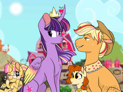 Size: 1280x960 | Tagged: safe, artist:moccabliss, applejack, twilight sparkle, oc, oc:pumpkin patch, oc:summer sunrise, alicorn, earth pony, hybrid, pony, g4, clothes, colored wings, crown, crush, curved horn, female, filly, glasses, granny smith's shawl, horn, interspecies offspring, jewelry, magical lesbian spawn, mare, multicolored wings, offspring, older, older applejack, parent:applejack, parent:autumn blaze, parent:starlight glimmer, parent:sunburst, parents:autumnjack, parents:starburst, rainbow power, regalia, sweet apple acres, twilight sparkle (alicorn), wings
