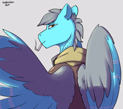 Size: 2253x2000 | Tagged: safe, artist:flashnoteart, oc, oc only, oc:altocumulus, pegasus, pony, bags under eyes, bust, clothes, colored, folded wings, goggles, high res, looking at you, male, portrait, smoking, solo, spread wings, wings