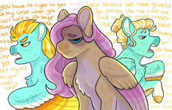 Size: 1280x826 | Tagged: safe, artist:mylittlegami, fluttershy, lightning dust, zephyr breeze, pegasus, pony, g4, argument, colored wings, eyebrows, fluttershy is not amused, siblings, text, unamused, wings
