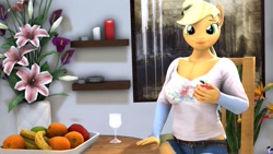 Size: 1920x1080 | Tagged: safe, artist:xxsfmartxx, applejack, earth pony, anthro, g4, 3d, apple, breasts, busty applejack, clothes, food, fruit, glass, herbivore, looking at you, sitting, solo, source filmmaker, wine glass