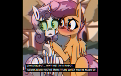 Size: 1600x1000 | Tagged: safe, artist:provolonepone, scootaloo, sweetie belle, pegasus, pony, robot, robot pony, unicorn, g4, blushing, chromatic aberration, dialogue, female, lesbian, ship:scootabelle, shipping, sweetie bot