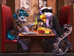Size: 2800x2119 | Tagged: safe, artist:harwick, gilda, glenda, rainbow dash, stygian, oc, griffon, pony, unicorn, fanfic:romancing the griffonstone, g4, alcohol, book, bread, canon x oc, cheese, cherry, commission, date, duo focus, fanfic, fanfic art, fanfic cover, female, food, glass, high res, interspecies, lidded eyes, male, open mouth, open smile, paws, place, shipping, sitting, smiling, stallion, straight, table, wine, wine glass