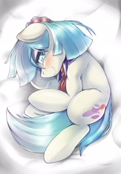 Size: 1430x2048 | Tagged: safe, artist:kurogewapony, coco pommel, earth pony, pony, g4, bedroom eyes, blushing, curled up, looking at you, lying down, smiling, solo, underhoof