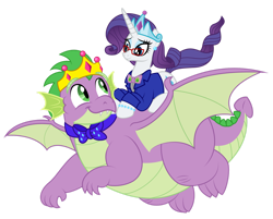 Size: 1600x1288 | Tagged: safe, artist:aleximusprime, rarity, spike, dragon, pony, unicorn, flurry heart's story, g4, bowtie, clothes, commission, crown, fat, fat spike, female, flying, jewelry, larger male, looking at each other, male, older, older rarity, older spike, ponies riding dragons, regalia, riding, ship:sparity, shipping, simple background, size difference, smaller female, smiling, smiling at each other, straight, tiara, transparent background, vector, winged spike, wings