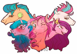 Size: 1024x719 | Tagged: safe, artist:eugenchen, hitch trailblazer, izzy moonbow, pipp petals, sunny starscout, zipp storm, earth pony, pegasus, pony, unicorn, g5, adorapipp, ball, blushing, bust, cute, deviantart watermark, female, horn, horn guard, horn impalement, hornball, izzy's tennis ball, looking at you, male, mane five, mare, obtrusive watermark, one eye closed, open mouth, red eyes, red-eyed pipp, royal sisters (g5), scrunchy face, siblings, simple background, sisters, smiling, stallion, teeth, tennis ball, watermark, white background, wink
