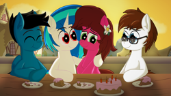Size: 7680x4320 | Tagged: safe, artist:agkandphotomaker2000, dj pon-3, vinyl scratch, oc, oc:brain teaser, oc:pony video maker, oc:rose bloom, earth pony, pegasus, pony, unicorn, g4, absurd resolution, afternoon, birthday, birthday cake, brainbloom, cake, candle, canon x oc, double date, eating, female, flower pin, food, glasses, hanging out, hoof on shoulder, lunch, male, oc x oc, plate, ponyville, shipping, straight, sunset, table, videoscratch