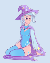 Size: 2368x3000 | Tagged: safe, artist:tanatos, derpibooru exclusive, trixie, human, g4, cape, clothes, elf ears, female, hat, high res, humanized, leotard, simple background, smiling, socks, solo, stockings, thigh highs, trixie's cape, trixie's hat, upvote bait in the description