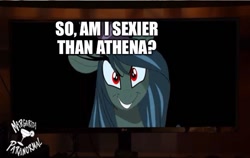 Size: 633x401 | Tagged: safe, artist:shawn keller, edit, oc, oc only, oc:lustrous (shawn keller), pony, guardians of pondonia, antagonist, caption, cute, dialogue, evil grin, grin, looking at you, margarita paranormal, question, smiling, text