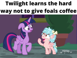 Size: 1920x1440 | Tagged: safe, edit, edited screencap, screencap, cozy glow, twilight sparkle, alicorn, pegasus, pony, g4, school raze, caption, coffee, cozy glow is best facemaker, crazy glow, discovery family logo, drink, faic, female, filly, image macro, insanity, mare, meme, messy mane, plant, potted plant, text, twilight sparkle (alicorn), young
