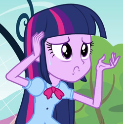 Size: 543x546 | Tagged: safe, screencap, twilight sparkle, equestria girls, g4, my little pony equestria girls, cropped, hand on head, solo, sweat, sweatdrop