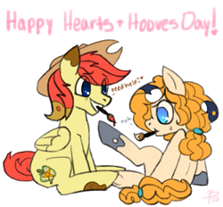 Size: 571x530 | Tagged: safe, artist:flutterbree, bright mac, pear butter, oc, oc:6pony66, oc:flutterbree, earth pony, pegasus, pony, g4, bodypaint, clothes, cosplay, costume, cute, female, hearts and hooves day, male, painting, ship:brightbutter, shipping, straight