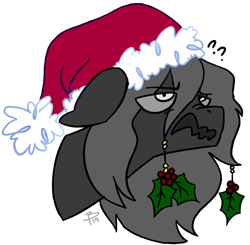 Size: 1234x1208 | Tagged: source needed, safe, artist:flutterbree, oc, oc only, oc:boogeymare, pony, bust, christmas, confused, floppy ears, hat, holiday, holly, nose wrinkle, question mark, santa hat, simple background, solo, strangefu, wavy mouth, white background