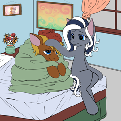 Size: 5000x5000 | Tagged: safe, artist:flutterbree, oc, oc only, oc:6pony66, oc:flutterbree, earth pony, pegasus, pony, absurd resolution, bedside, blanket, caring for the sick, earth pony oc, female, ice pack, male, mare, pegasus oc, sick, stallion, thermometer