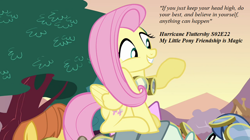 Size: 1000x558 | Tagged: safe, artist:ncolque, edit, edited screencap, screencap, fluttershy, pegasus, pony, g4, hurricane fluttershy, season 2, cute, female, goggles, mare, offscreen character, quote, shyabetes, solo focus, waving