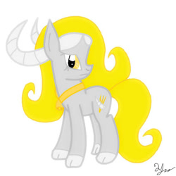 Size: 768x768 | Tagged: safe, artist:mudmee-thai, oc, oc only, demon, demon pony, female, horns, looking back, simple background, solo, white background