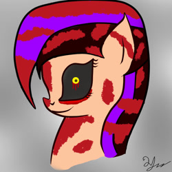 Size: 1000x1000 | Tagged: safe, alternate version, artist:mudmee-thai, oc, oc only, earth pony, pony, black sclera, bust, earth pony oc, eyelashes, female, gray background, mare, signature, simple background, smiling, solo