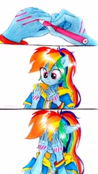 Size: 1777x3158 | Tagged: safe, artist:liaaqila, rainbow dash, equestria girls, g4, blushing, female, high res, ponied up, rainbow dork, solo, traditional art