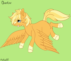 Size: 2641x2270 | Tagged: safe, artist:misskanabelle, oc, oc only, oc:chester, pegasus, pony, :p, colored hooves, green background, high res, pegasus oc, signature, simple background, solo, tongue out, wings