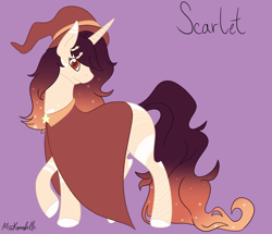 Size: 7404x6365 | Tagged: safe, artist:misskanabelle, oc, oc only, oc:scarlet, pony, unicorn, cape, clothes, female, hat, horn, looking back, mare, purple background, raised hoof, signature, simple background, solo, unicorn oc, witch hat