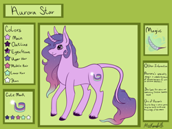 Size: 8335x6258 | Tagged: safe, artist:misskanabelle, oc, oc only, oc:aurora star, pony, unicorn, colored, female, horn, leonine tail, mare, reference sheet, signature, smiling, solo, unicorn oc
