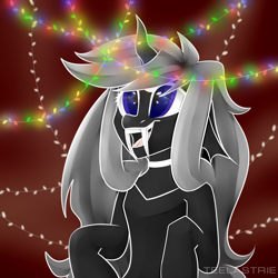 Size: 3000x3000 | Tagged: safe, artist:teelastrie, oc, oc only, oc:teelas, changeling, changeling oc, fangs, female, high res, holiday, open mouth, open smile, simple background, smiling, solo, string lights