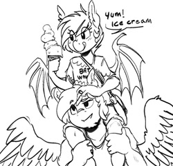 Size: 1121x1080 | Tagged: safe, artist:replica, oc, oc only, oc:nolegs, oc:summer scorch, bat pony, pegasus, anthro, bag, bat pony oc, bat wings, clothes, dialogue, digital art, duo, female, food, ice cream, licking, licking lips, male, monochrome, scorchlegs, simple background, speech bubble, spread wings, talking, text, tongue out, white background, wings
