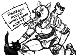Size: 1420x1022 | Tagged: safe, artist:replica, oc, oc only, cat, anthro, fallout equestria, clothes, dialogue, digital art, gun, helmet, monochrome, petting, rifle, simple background, solo, speech bubble, suit, talking, text, weapon, white background