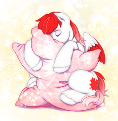 Size: 1920x1971 | Tagged: safe, artist:raranfa, oc, oc only, oc:making amends, pegasus, pony, colored wings, commission, eyes closed, hug, pillow, pillow hug, solo, two toned wings, wings, ych result