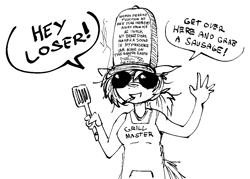 Size: 1069x764 | Tagged: safe, artist:replica, oc, oc only, oc:replica, earth pony, anthro, apron, clothes, dialogue, digital art, female, hat, monochrome, simple background, solo, spatula, speech bubble, sunglasses, talking, text, white background