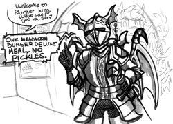 Size: 1412x1017 | Tagged: safe, artist:replica, oc, oc only, bat pony, anthro, armor, bat pony oc, bat wings, clothes, dialogue, digital art, helmet, knight, monochrome, solo, speech bubble, talking, text, wings