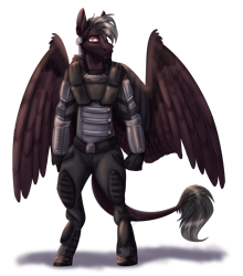 Size: 1057x1200 | Tagged: artist needed, safe, oc, oc only, oc:stygian crosswind, pegasus, anthro, unguligrade anthro, fallout equestria, armor, clenched fist, enclave, grand pegasus enclave, leonine tail, sideburns, solo, wings