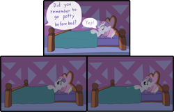 Size: 3768x2434 | Tagged: safe, artist:cleverround, sweetie belle, pony, unicorn, g4, 3 panel comic, bed, bedroom, bedwetting, blushing, comic, dialogue, happy, high res, hooves to the chest, implied rarity, looking down, lying down, offscreen character, onomatopoeia, pillow, pissing, solo, wetting